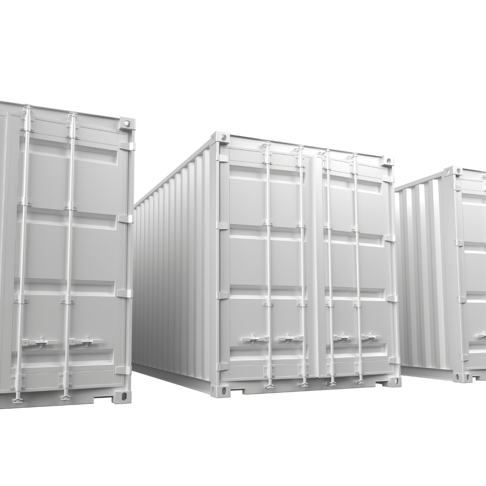 Freigestellte Batteriegroßspeicher Container auf weißem Hintergrund