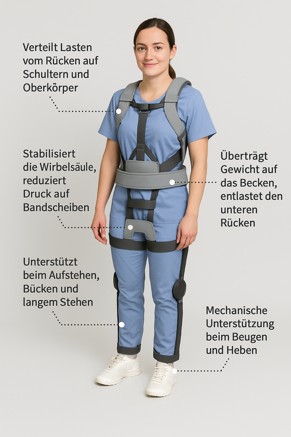 Exoskelett Funktionsweise – schematische Darstellung der Unterstützung von Rücken, Hüfte und Beinen