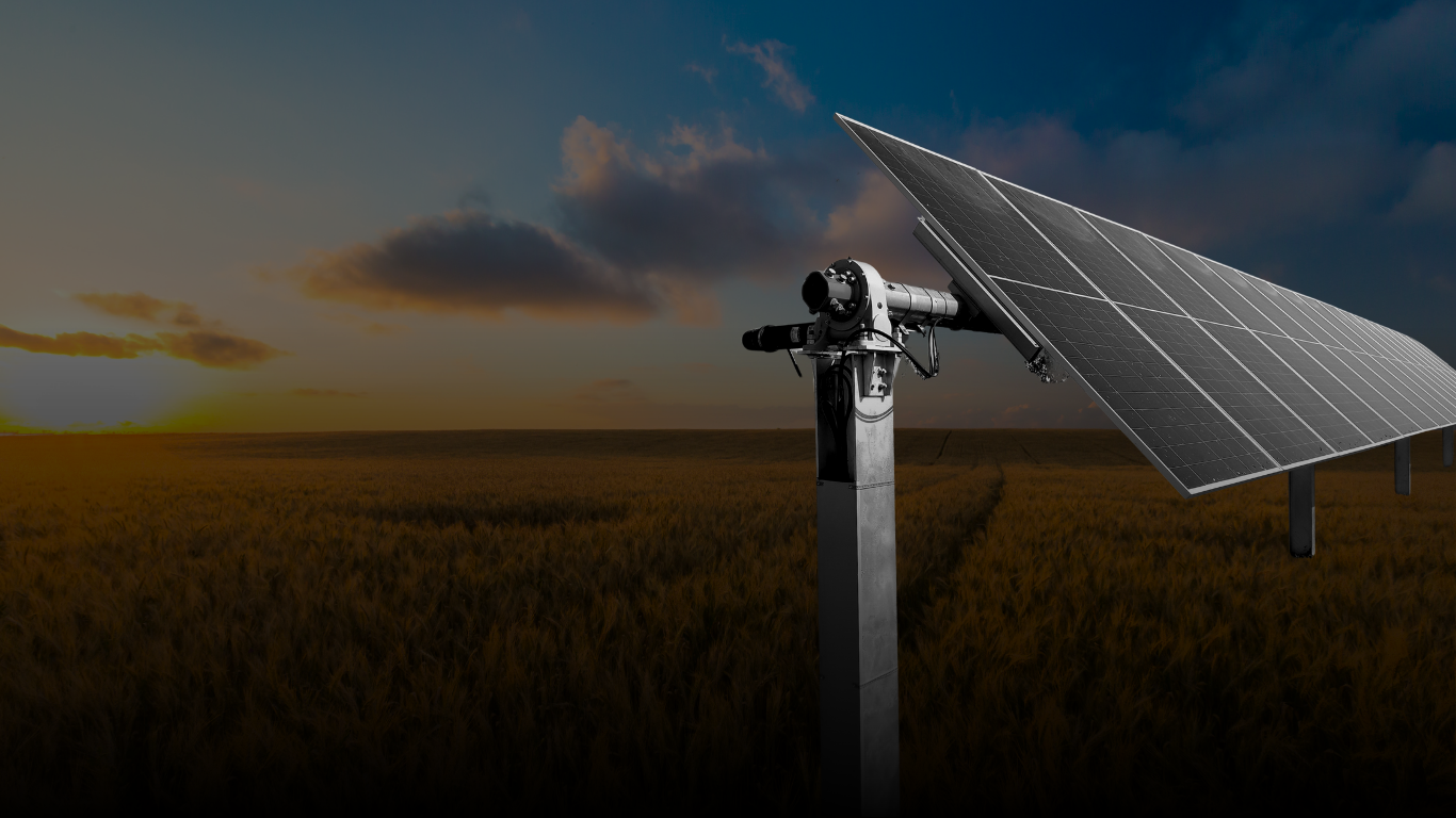 Agri-PV Anlage auf einem Feld bei Sonnenuntergang – Solarmodul auf Stahlpfosten"