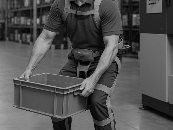 Industriearbeiter trägt Exoskelett zur Entlastung des Rückens beim Heben