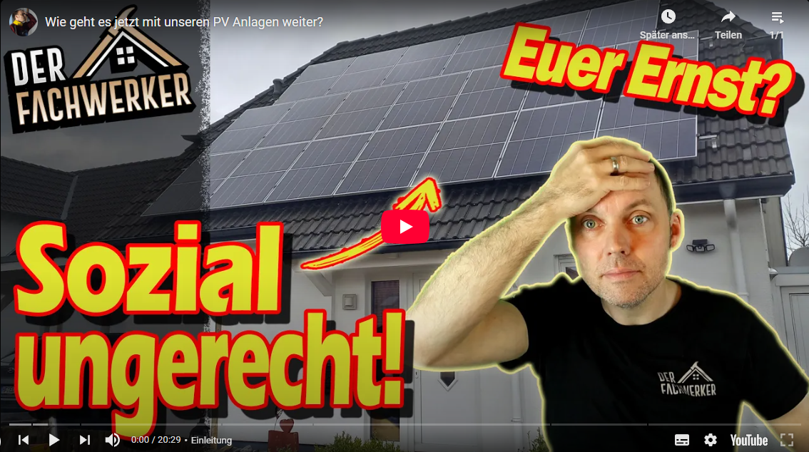 Video laden: PV-Förderung vor dem Aus? Das steckt wirklich hinter der aktuellen Diskussion!Wird die eigene Photovoltaikanlage bald zur Kostenfalle? In diesem Video sprechen wir über die brisanten Pläne zur Abschaffung der 0 % Mehrwertsteuer und der Einspeisevergütung – und darüber, was das für dich als (zukünftigen) Anlagenbesitzer wirklich bedeutet.📉 Warum Stromkonzerne PV-Anlagen hassen,💸 Welche Auswirkungen neue Gebühren auf deine Amortisation haben,🔌 Und: Rechnet sich eine PV-Anlage in Zukunft überhaupt noch?Du bekommst klare Fakten, Beispielrechnungen und ein kostenloses Tool, mit dem du selbst kalkulieren kannst, ob sich deine PV-Anlage lohnt.