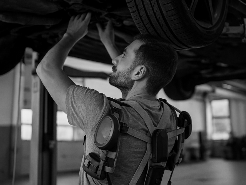 Mechaniker trägt Exoskelett bei Reparaturarbeiten unter einem Fahrzeug