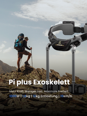 Pi Plus Exskelett Produktbild freigestellt vor einem Anwender-Beispiel von einem Mann beim Wandern
