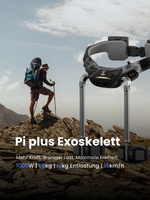 Pi Plus Exskelett Produktbild freigestellt vor einem Anwender-Beispiel von einem Mann beim Wandern 