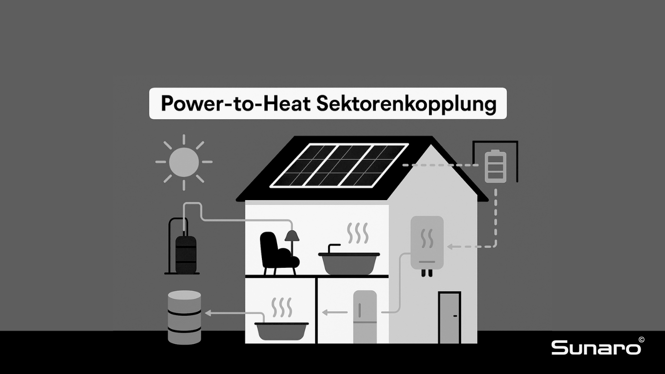 2D-Illustration eines Einfamilienhauses mit Photovoltaikanlage, Wärmepumpe, Batteriespeicher und Wallbox – Visualisierung der Power-to-Heat Sektorenkopplung durch die Verbindung von Strom, Wärme und Mobilität.