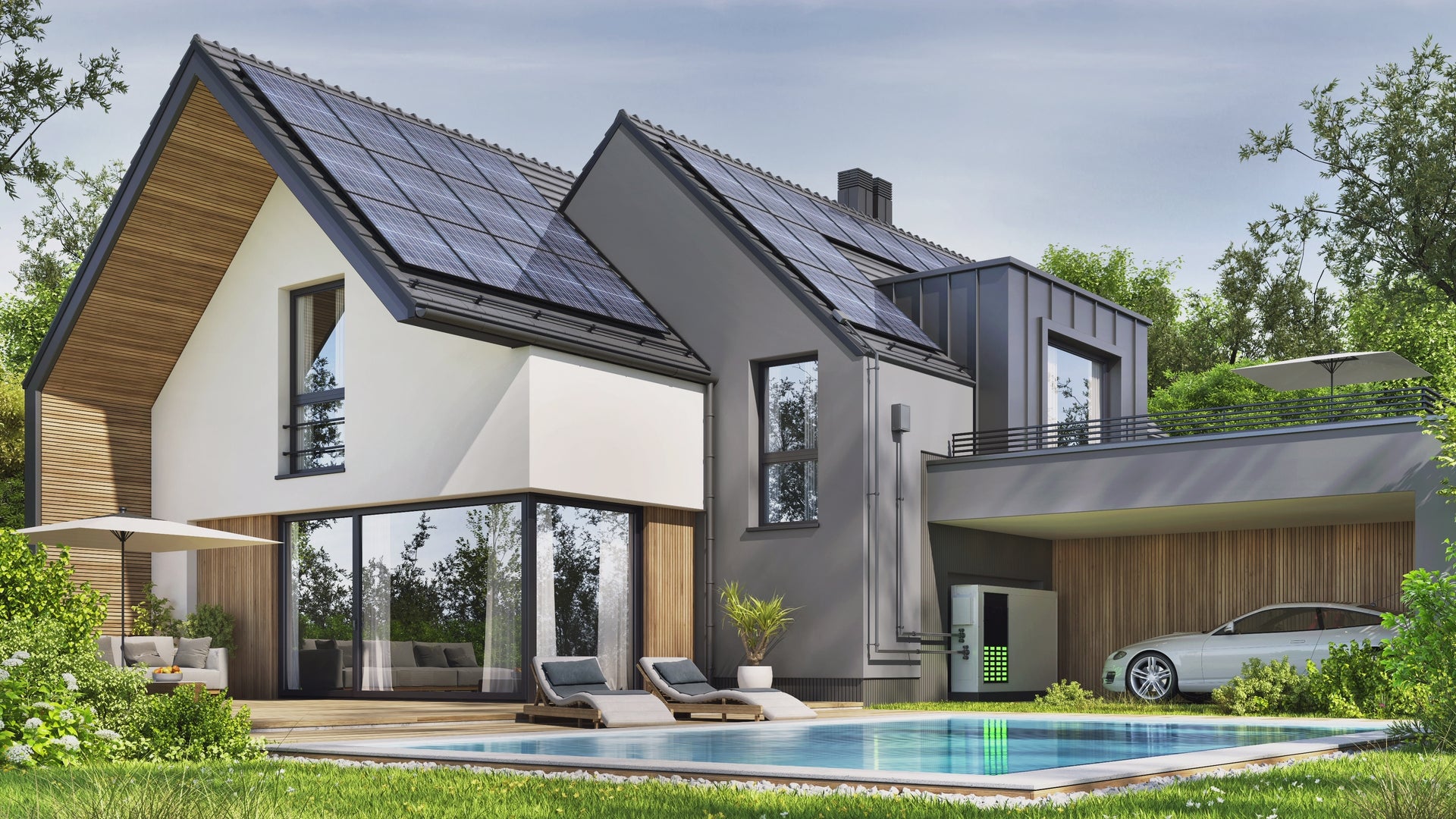 Visualisierung eines modernen Hauses mit Solaranlage, Batteriespeicher und E-Auto, bei dem der Stromfluss vom Dach bis zum Energiespeicher animiert dargestellt wird – tagsüber mit Sonnenlicht, nachts mit leuchtenden Stromleitungen